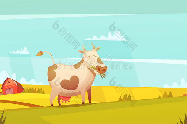 牛在农田卡通海报上吃草