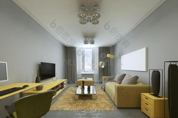 设计灰色和黄色的现代客厅。