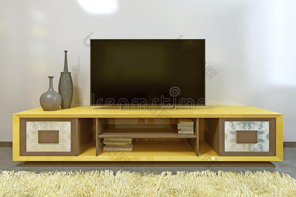 现代客厅明亮的黄色电视单元。