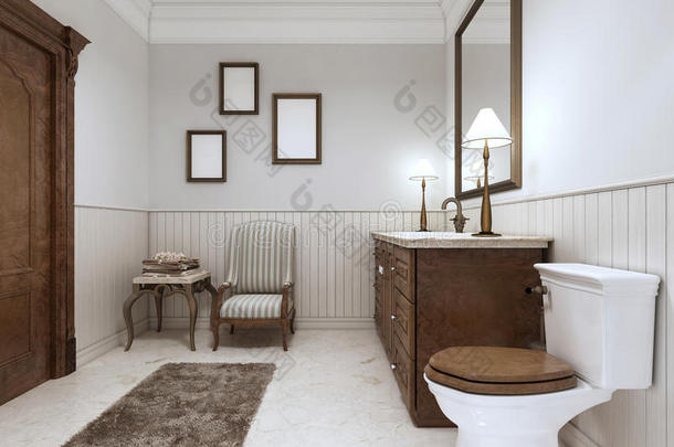 现代风格的浴室有水槽浴缸，厕所有舒适的椅子。
