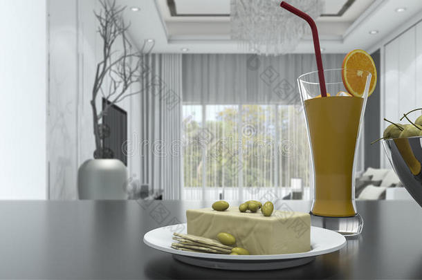 明亮美丽的房间里，桌子上的田间橙汁和奶酪蛋糕的三维渲染深度
