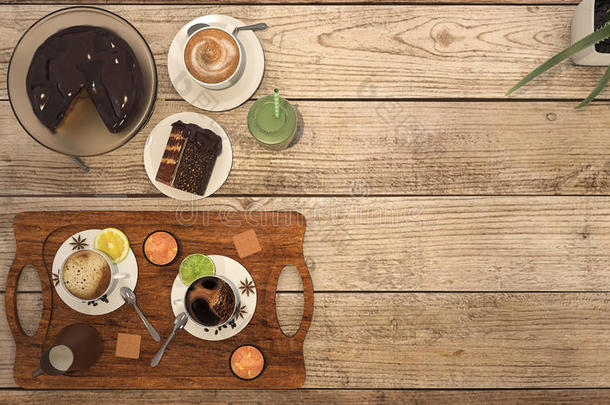 木制桌子上有巧克力蛋糕的3D渲染咖啡