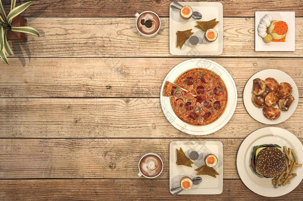 三维渲染美好的饭菜与比萨饼在木桌上
