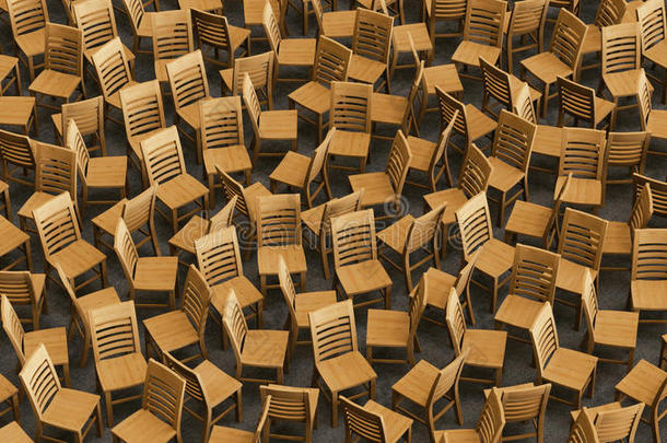 面对随机方向的混乱的木制椅子阵列
