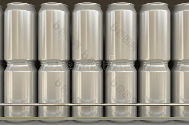 杂货店的通用铝罐。 <strong>超市货架</strong>上的苏打水或啤酒。 现代回收包装。 三维渲染