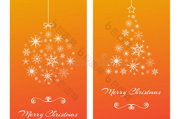 圣诞卡片与树和球从雪花在橙色。