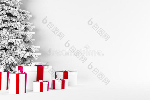 圣诞树和礼物在<strong>地</strong>板上，3D