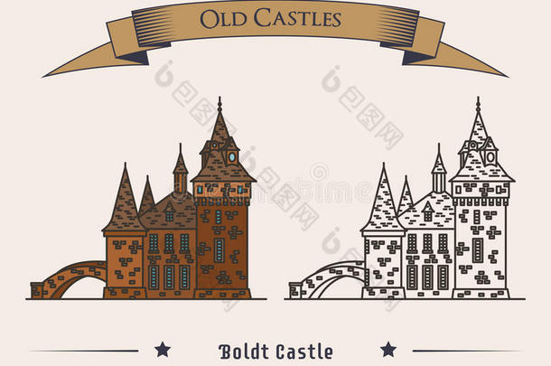 波尔特城堡在心岛旅游景点。 美国或美国古堡或纪念碑的外部或室外景观