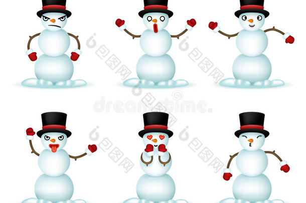 圣诞雪人微笑表情图标设置三维写实设计矢量插图