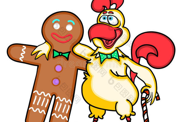 有趣的卡通公鸡拥抱姜饼人。
