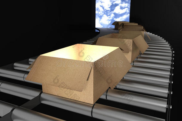 三维渲染：钢制传送带上纸板箱的透视图。盒子打开。 仓库的一部分