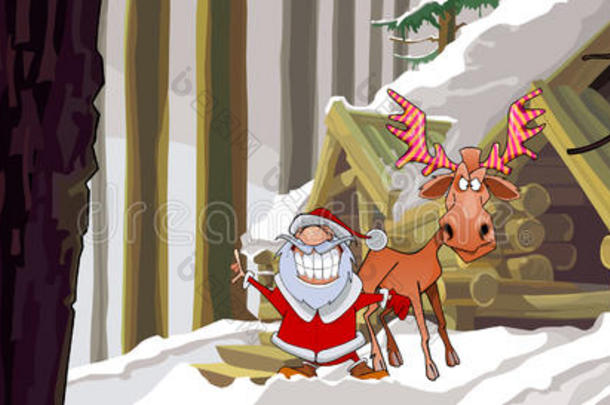 卡通快乐的圣诞老人和一只驼鹿站在冬天的树林里