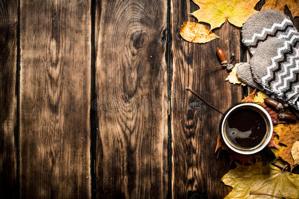 秋天的风格。 一杯<strong>带手套</strong>的热咖啡。