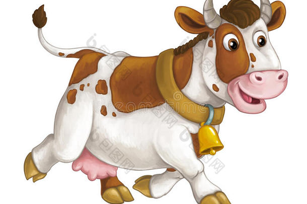 卡通快乐的农场动物-快乐的<strong>牛</strong>跑着微笑和看起来艺术风格-孤立