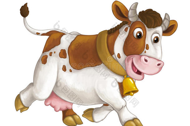 卡通快乐的农场动物-快乐的牛跑着微笑和看起来艺术风格-孤立