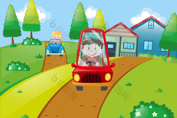 孩子们在路上开小车