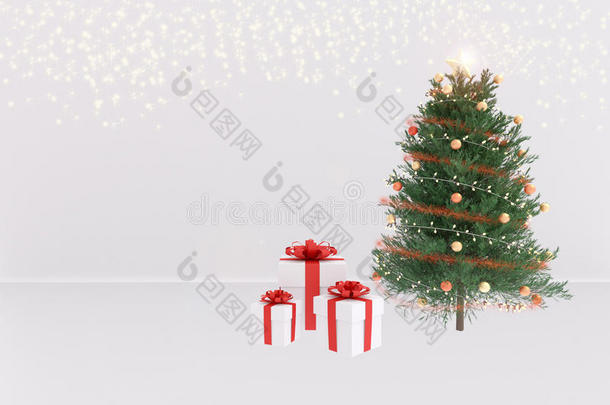圣诞树的三维渲染与白色礼品盒在惠特