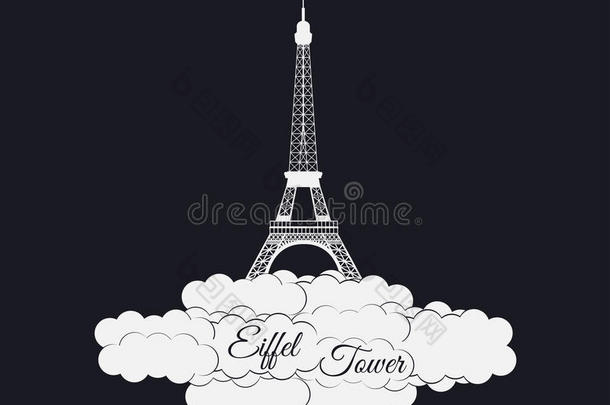 <strong>埃菲尔铁塔</strong>孤立在黑色背景上。 <strong>埃菲尔铁塔</strong>在云层里。 巴黎和<strong>法国</strong>的风景。 矢量