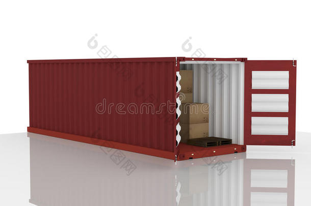 三维渲染：说明打开的红色集装箱与纸板箱内的集装箱。业务出口进口概念
