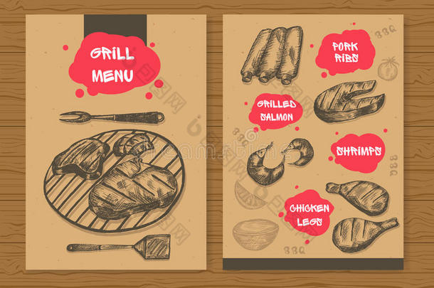 烧烤菜单模板。 准备设计烧烤菜单，餐厅，酒吧等。 手绘草图肉制品。 矢量插图。