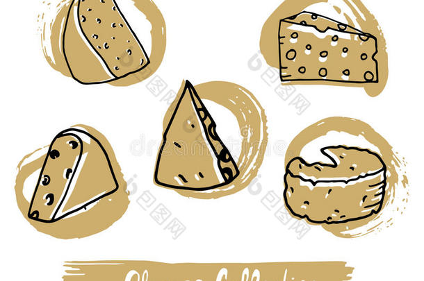 圆形标志与手绘奶酪在复古风格。 包装、标志、食品店等的现成设计。 矢量插图。