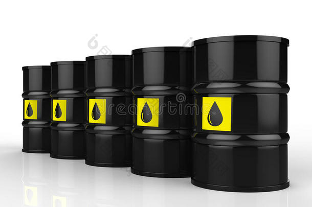 一组带有黄色标签的原油桶