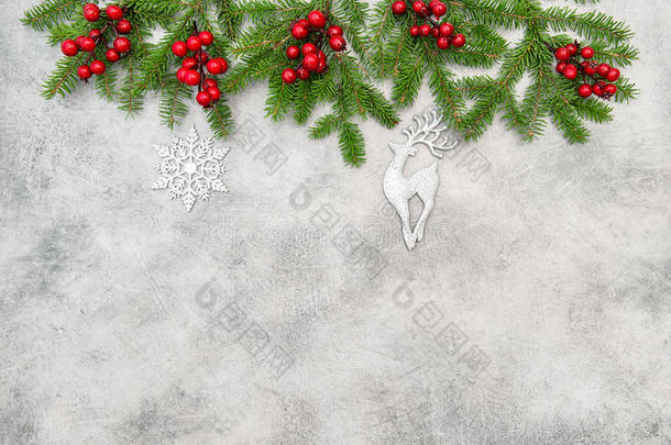 圣诞树树枝红色浆果银饰装饰