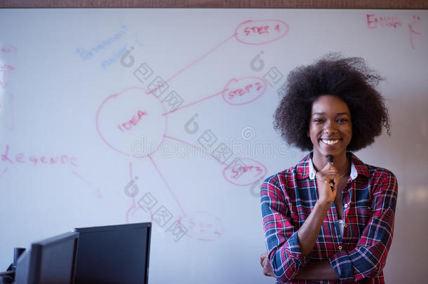 一位非洲裔美国妇女在现代办公室的黑板上写字