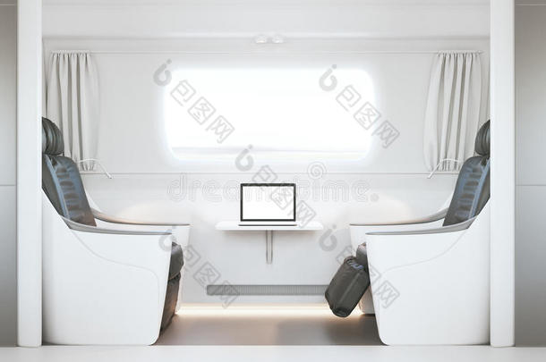 空的豪华客车或公共汽车内部灰色座位。 特写侧视图，电视屏幕模型。 三维渲染