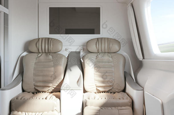 空的豪华客车或公共汽车内部灰色座位。 特写侧视图，电视屏幕模型。 三维渲染
