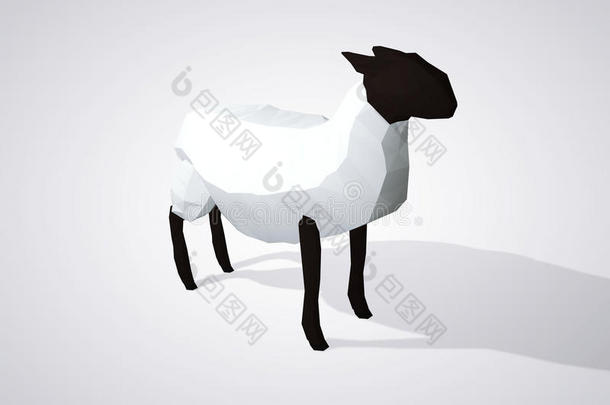 折纸羊的三维插图。 多边形绵羊侧面视图。 几何风格的白色绵羊，黑头。