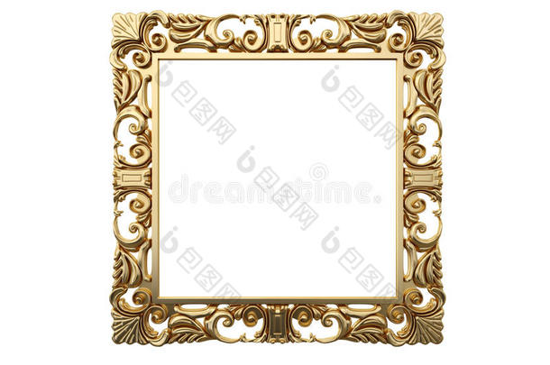金色的复古框架，镜子。 设计复古元素。 物理真实的反射。 三维渲染。