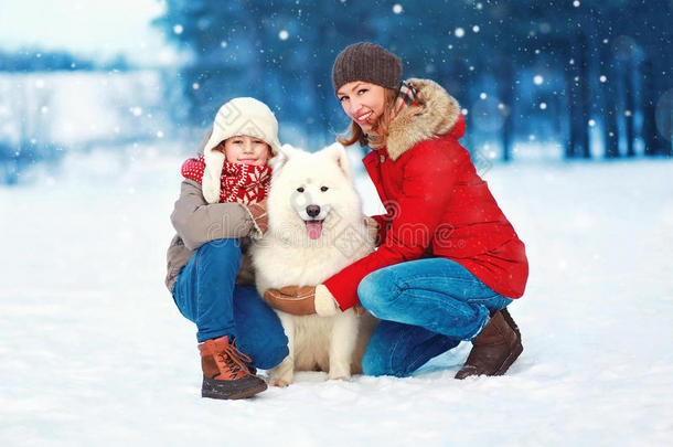 圣诞快乐微笑的家庭，母子孩子在冬天的雪上和白色的萨莫伊狗散步