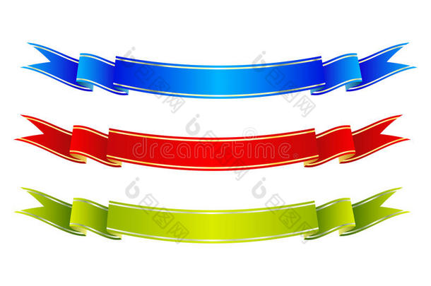 五颜六色的丝带横幅。 蓝色、红色和绿色卷轴。 矢量插图。