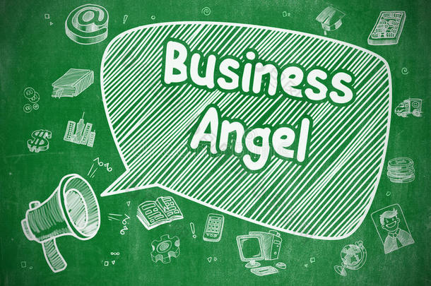 商业天使-绿色黑板上的卡通插图。
