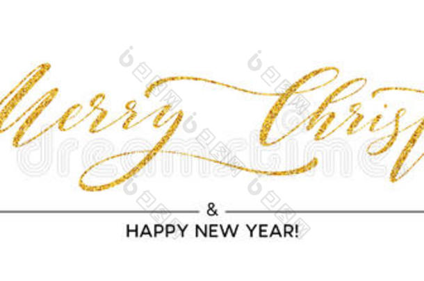 金色闪光圣诞快乐字体设计。 贺卡上有金色闪闪发光的装饰。 矢量插图