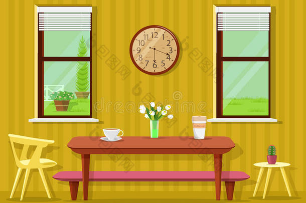 可爱的现代餐厅内部：桌子，咖啡杯和花，椅子，时钟和窗户。 矢量厨房<strong>家具套装</strong>。