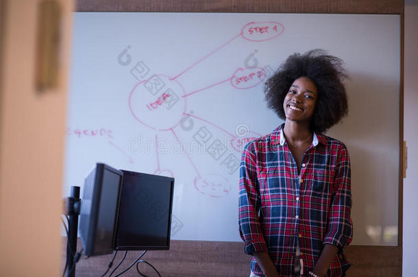 一位非洲裔美国妇女在现代<strong>办公</strong>室的<strong>黑板</strong>上写字