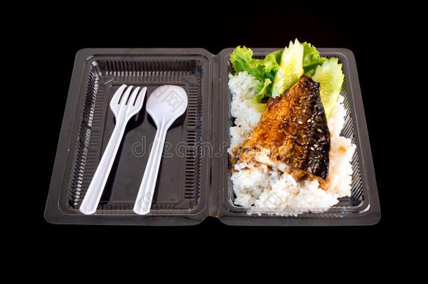 在塑料盒子里烤米饭上的鱼，带回家的食物