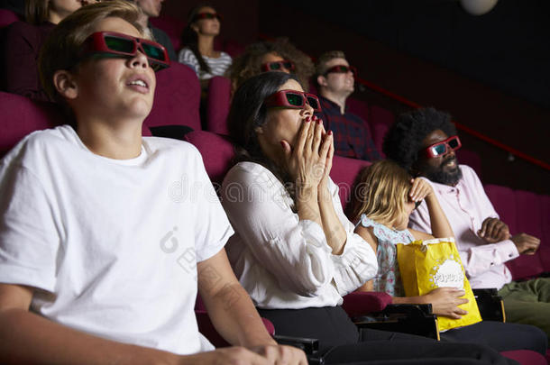 <strong>电影院的</strong>观众戴着3D眼镜看恐怖电影