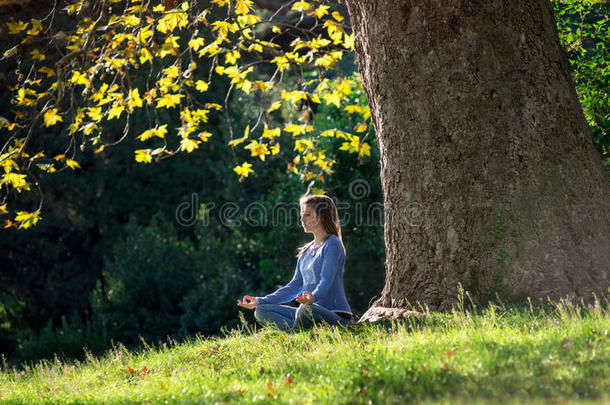 <strong>秋天</strong>，女孩坐在<strong>枫树下</strong>的草地上沉思
