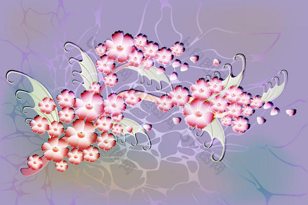 在浅色背景上，用闪闪发光和露珠的樱花枝抽象构图。 eps10矢量