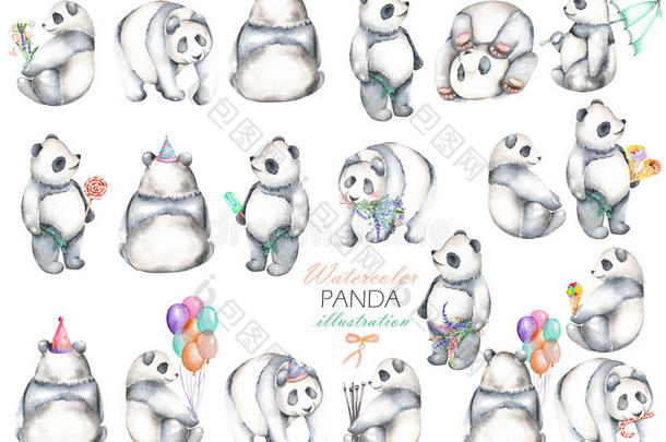 收集<strong>水彩熊猫</strong>，手工绘制在白色背景上