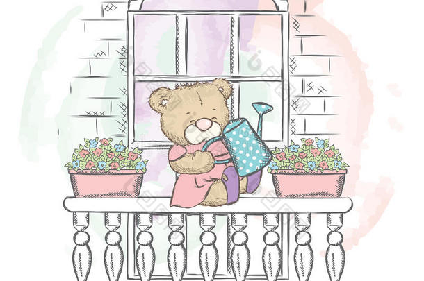 可爱的熊在阳台上浇花。 卡片或海报的矢量插图。 印在衣服上。 可爱的熊。