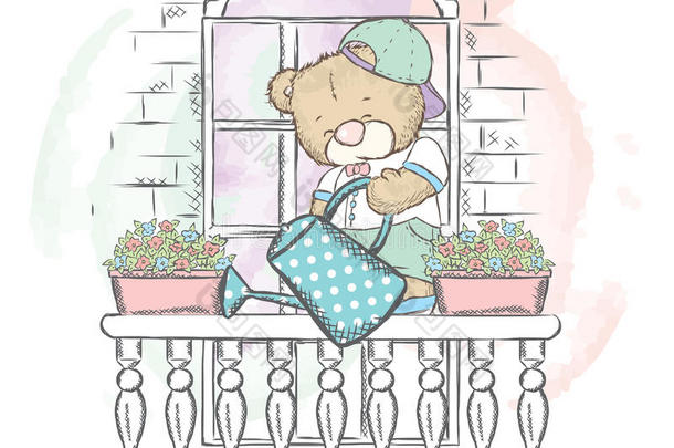 可爱<strong>的</strong>熊在阳台上浇花。 卡片或<strong>海报的</strong>矢量插图。 印在衣服上。 可爱<strong>的</strong>熊。