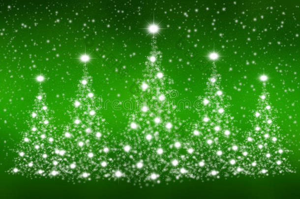 圣诞树上的雪花和闪闪发光的绿色背景
