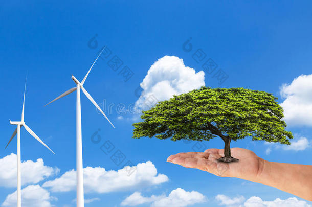 手拿着蓝<strong>天上</strong>有风力涡轮机的绿树