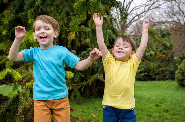 高加索人的特写肖像，两个<strong>弟弟</strong>男孩在公园外面笑，在夏天