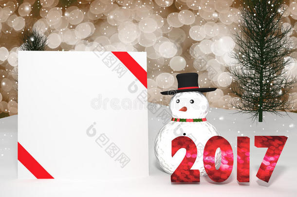 三维渲染：2017年轻Bokeh号码和白色卡与红色丝带在透视雪景。雪男子与闪闪发光的Bokeh墙