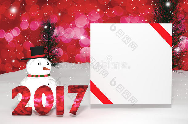 三维渲染：<strong>2017</strong>年光Bokeh号码和白色卡与红色丝带在透视雪景。 有闪闪发光的波基<strong>墙</strong>的雪人